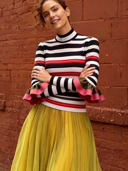 Flared Long Sleeves Contrast Color Split-Joint Striped Half Turtleneck Blouses&Shirts Tops