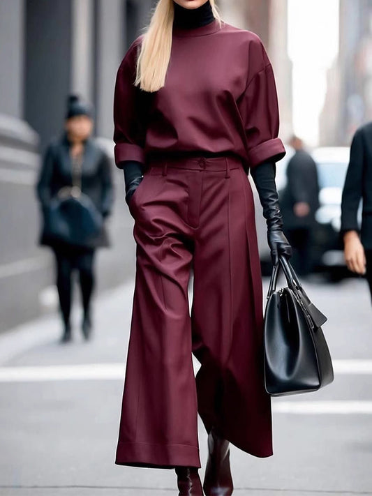 Solid Color Simple Casual Suit Trousers Set Claret S