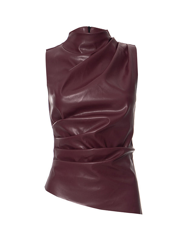 Haut moulant sans manches asymétrique plissé de couleur unie à col montant 