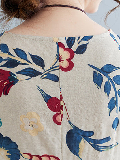 Loose Sleeveless Floral Printed Round-Neck Maxi Dresses