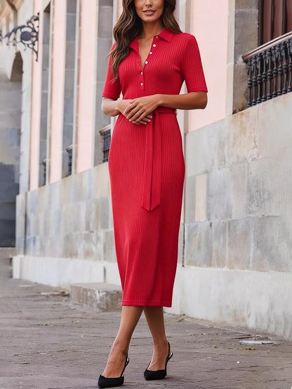 Bodycon Elasticated Waist Buttoned Ribbed Knit Solid Color Split-Joint Tied Waist Lapel Midi Dresses