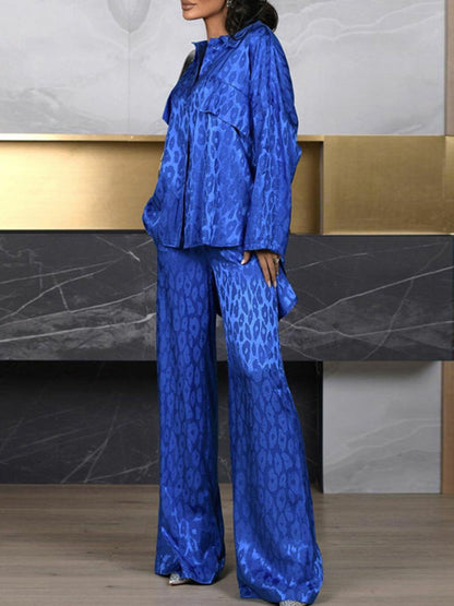 Loose Leopard Lapel Blouse Top + Wide Pants Trousers Two Pieces Set