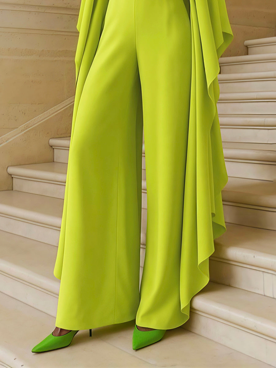 Flared Sleeves High Waisted Solid Color Deep V-Neck Jumpsuits