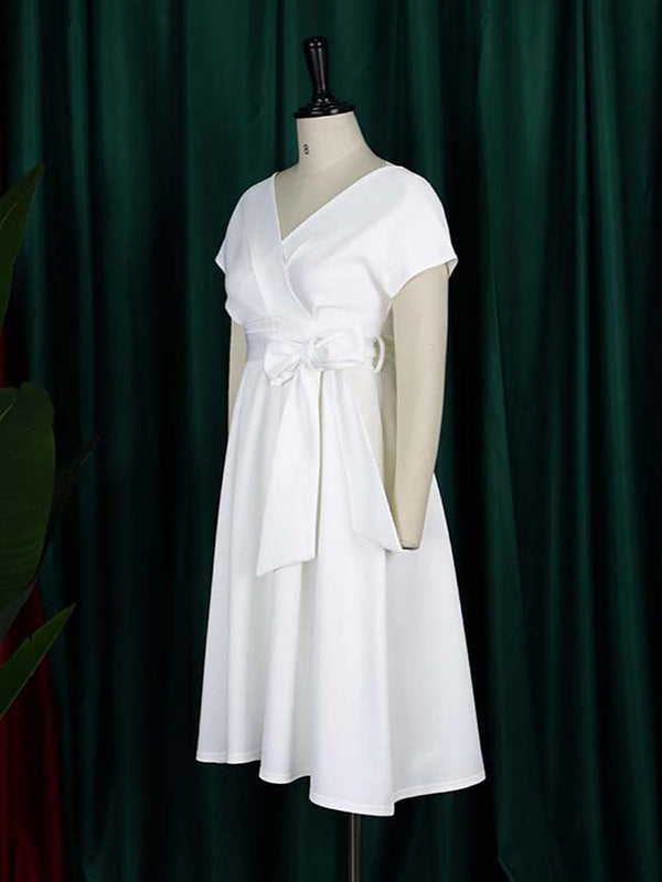 Einfarbige Midikleider mit Schleife und V-Ausschnitt 