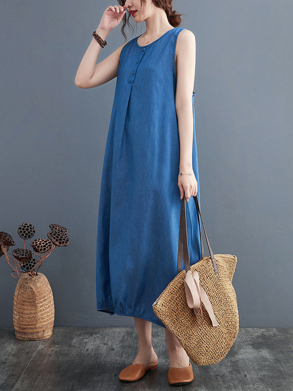 A-Line Loose Buttoned Pleated Solid Color Round-Neck Midi Dresses