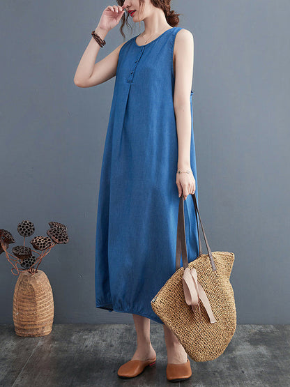 A-Line Loose Buttoned Pleated Solid Color Round-Neck Midi Dresses