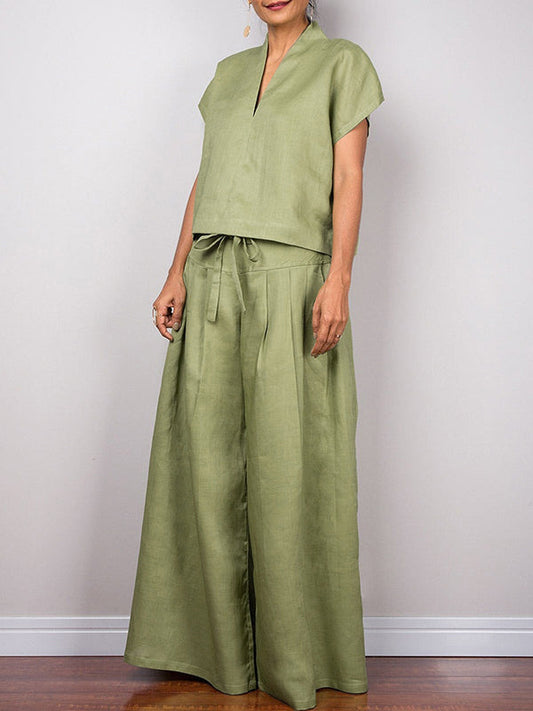 High Waisted Loose Drawstring Pleated Solid Color Split-Joint Pants Trousers