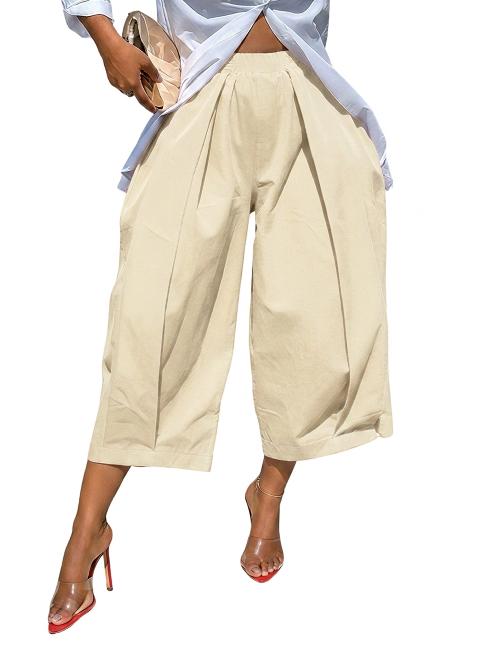 Solid Color Pockets Pleated Wide Leg Loose Pants