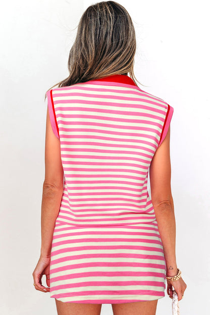 Dark Blue Textured Stripe Print Contrast Trim Zip Collar Sleeveless 2pcs Skort Set