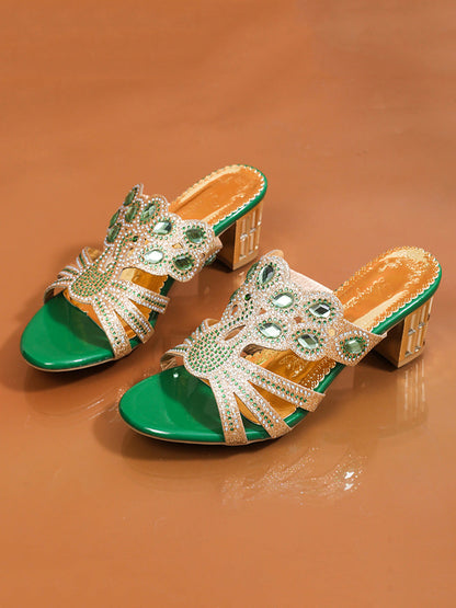 Square Open Toe Rhinestone Pumps