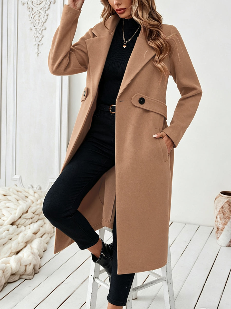 Solid Color Pockets Buttoned Loose Long Sleeves Notched Collar Woolen Coat
