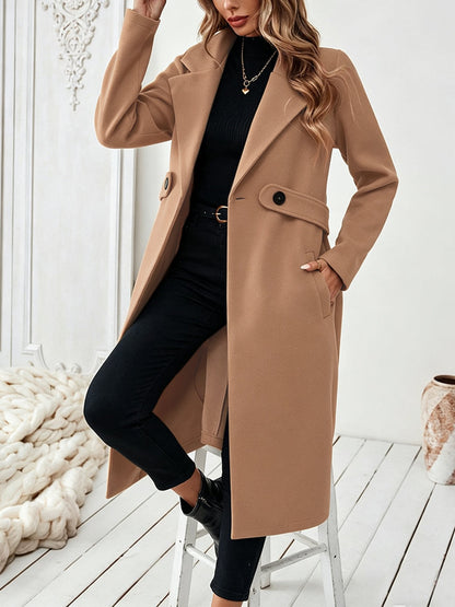 Solid Color Pockets Buttoned Loose Long Sleeves Notched Collar Woolen Coat