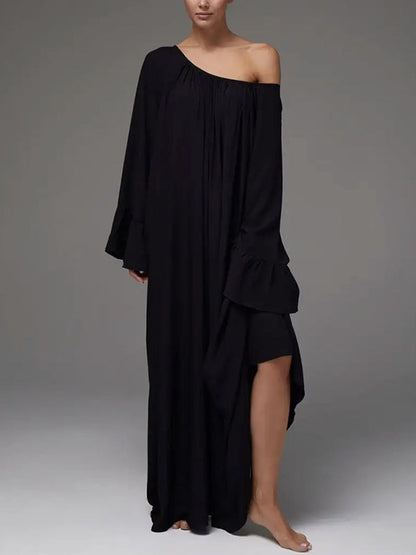 A-Line Flared Sleeves Pleated Solid Color Split-Joint Round-Neck Maxi Dresses