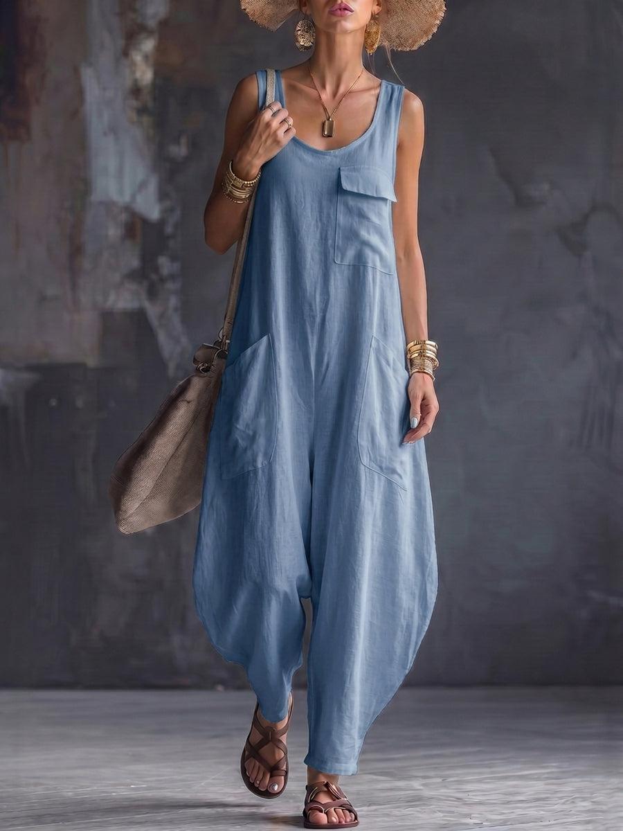 Loose Sleeveless Pockets Solid Color Square-Neck Jumpsuits