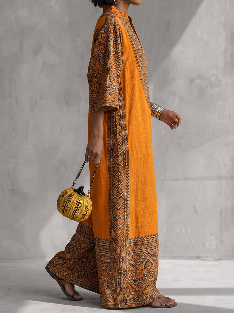 Printed Pockets Contrast Color Three-quarter Sleeves V-neck Jumpsuits