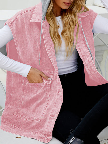 Gilet ample sans manches, boutonné, poches à capuche amovibles, col à revers fendu, vêtements d'extérieur 