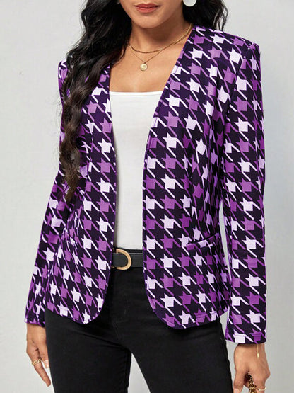 Long Sleeves Loose Houndstooth Pockets V-Neck Blazer Outerwear