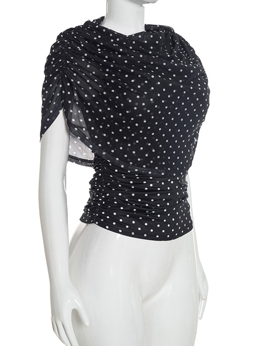 See-Through Ruched Polka-Dot Contrast Color Sleeveless Skinny Heaps Collar Blouses&shirts Tops