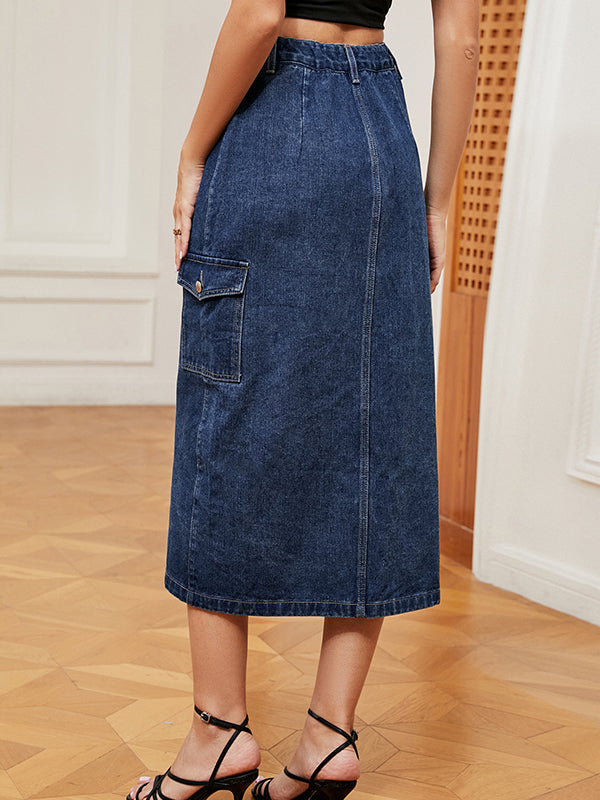 Loose Buttoned Pockets Split-Front Denim Skirts Bottoms