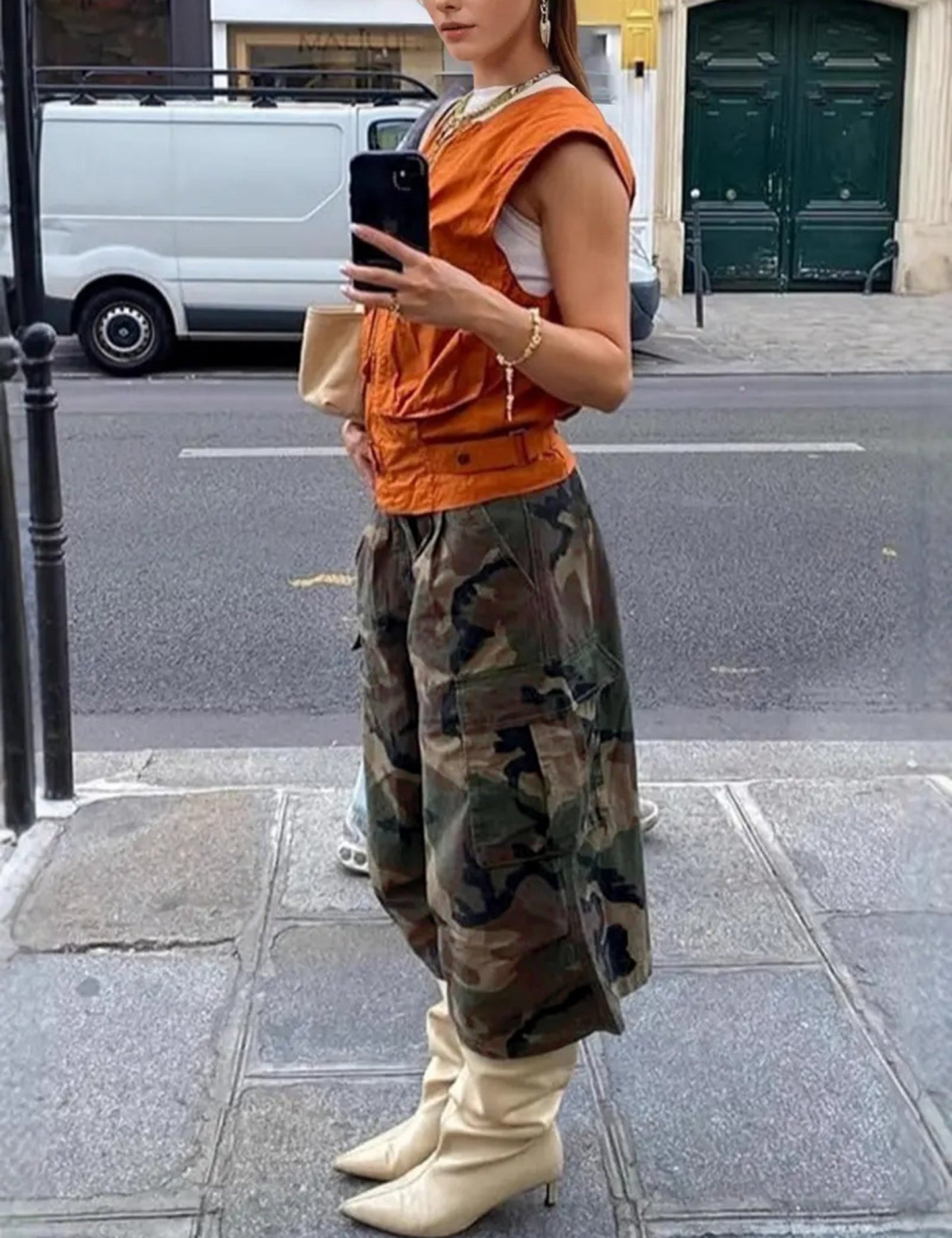 Loose Seven-Quarter Sleeves Camouflage Contrast Color Pockets Casual Pants Bottoms Cropped Trousers