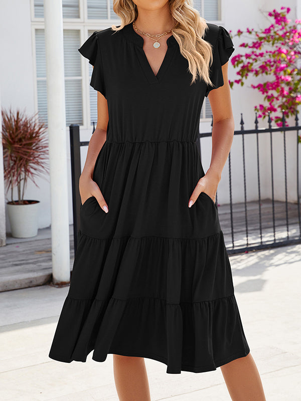 Loose Ruffle Sleeves Pleated Pockets Solid Color Split-Joint V-Neck Midi Dresses