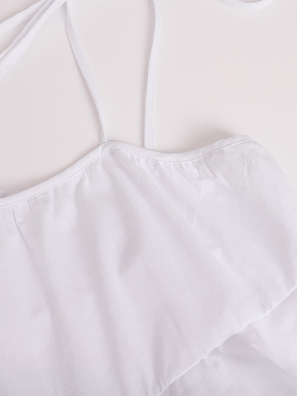 A-Line High Waisted Backless Layered Pleated Solid Color Spaghetti-Neck Mini Dresses