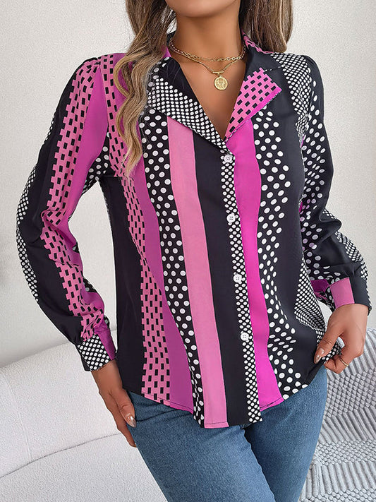 Long Sleeves Buttoned Contrast Color Polka-Dot Notched Collar Blouses&Shirts Tops