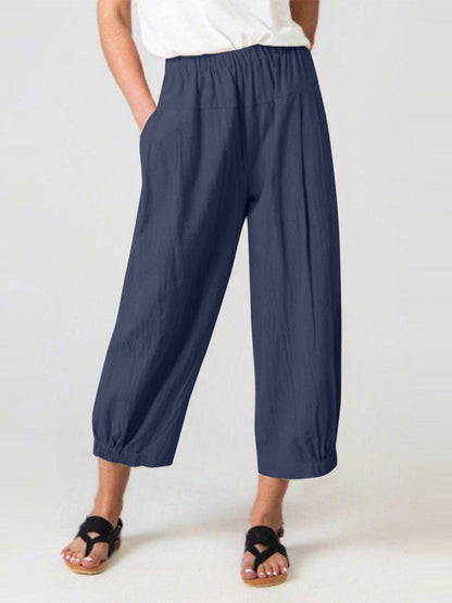 Solid Color Pockets Elasticity High Waisted Trousers Ninth Pants