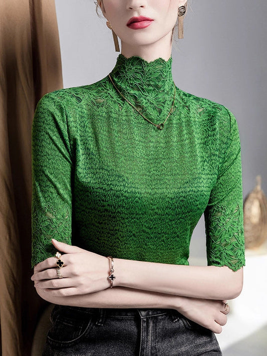 False Two Half Sleeves Slightly Sheer Split-Joint Textured High Neck T-Shirts Tops