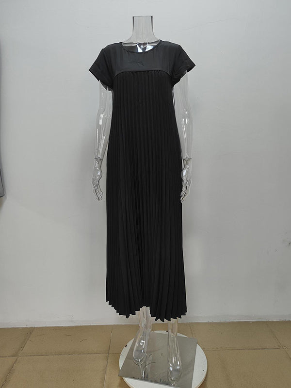 A-Line High Waisted Pleated Pockets Solid Color Split-Joint Round-Neck Maxi Dresses