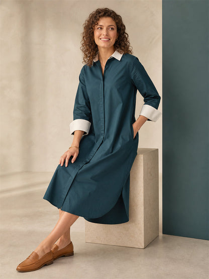 Split-side Pockets Contrast Color Buttoned Three-quarter Sleeves Loose Lapel Shirt Dress Midi Dresses