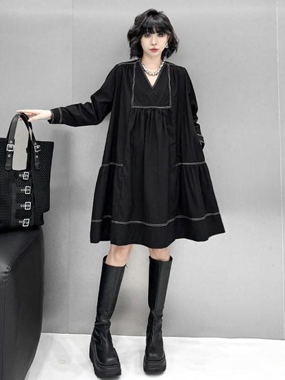 A-Line Long Sleeves Comfort Contrast Color Pleated V-Neck Mini Dresses