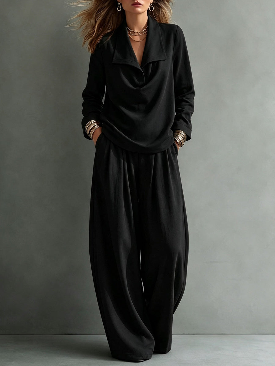Solid Color Lapel Long Sleeves Blouses&shirts Tops + High Waisted Pleated Pockets Pants Trousers Two Pieces Set