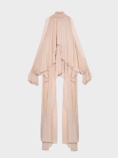 High-Low Long Sleeves Elasticity Hollow Pleated Solid Color Mock Neck Blouses&Shirts Tops