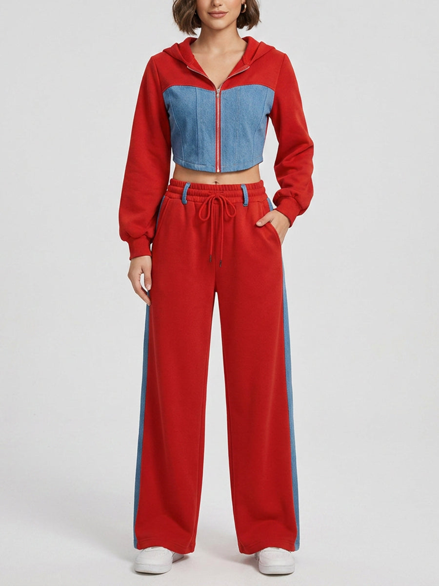 Contrast Color Split-Joint Hooded Cropped Long Sleeves Hoodies&Sweatshirt Outerwear + Drawstring Elasticity Zipper Pants Trousers Two Pieces Set