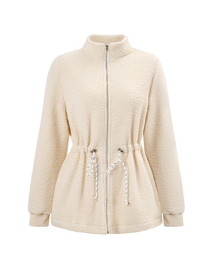 Long Sleeves Loose Drawstring Solid Color Velvet Zipper Stand Collar Outerwear