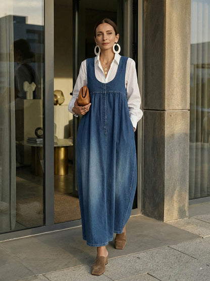 A-Line Loose Pleated Pockets Solid Color U-Neck Maxi Dresses