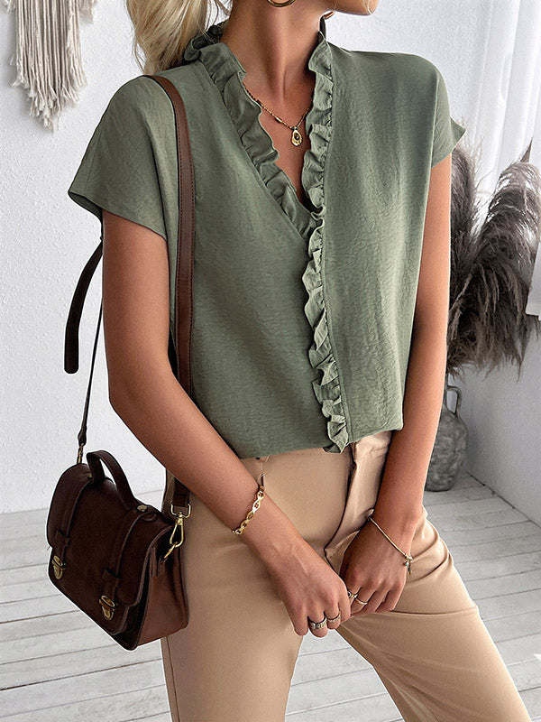 Loose Short Sleeves Ruffle Trim Solid Color V-Neck Blouses&Shirts Tops