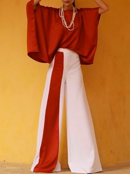 Batwing Sleeves Half Sleeves Solid Color Top + Contrast Color Wide Leg Pants Two Pieces Set
