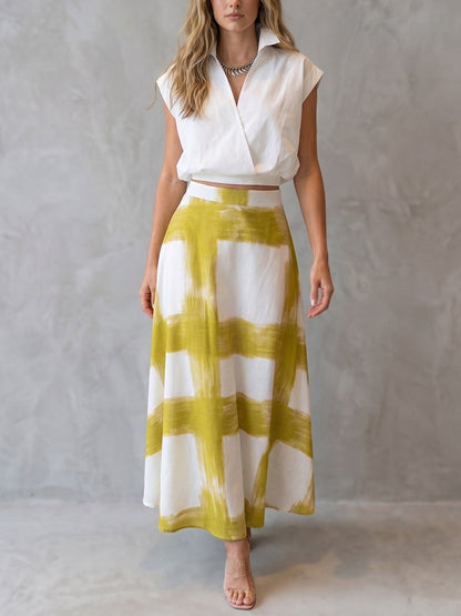 Buttoned Lapel Solid Color Blouses&Shirts Tops + Contrast Color A-Line High Waisted Printed Skirts Bottoms Two Pieces Set