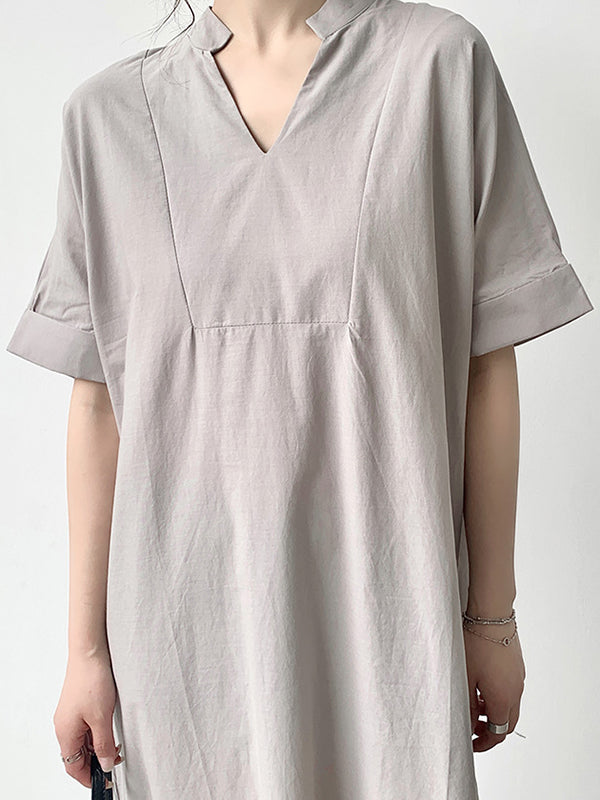 Robes longues amples à manches courtes et col en V de couleur unie 