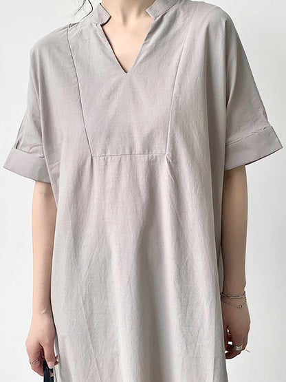 Robes longues amples à manches courtes et col en V de couleur unie 