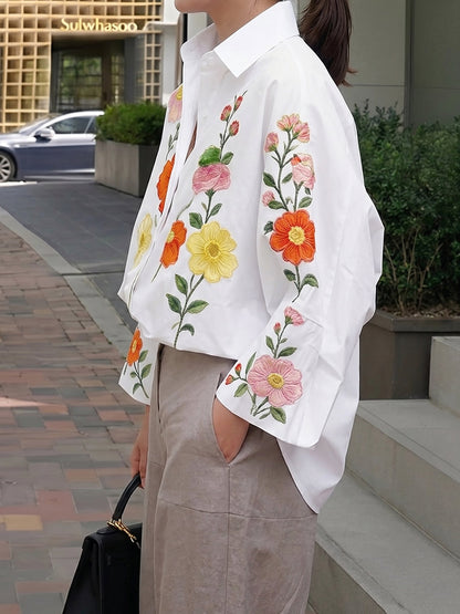 Long Sleeves Loose Buttoned Contrast Color Flower Print Lapel Blouses&Shirts Tops