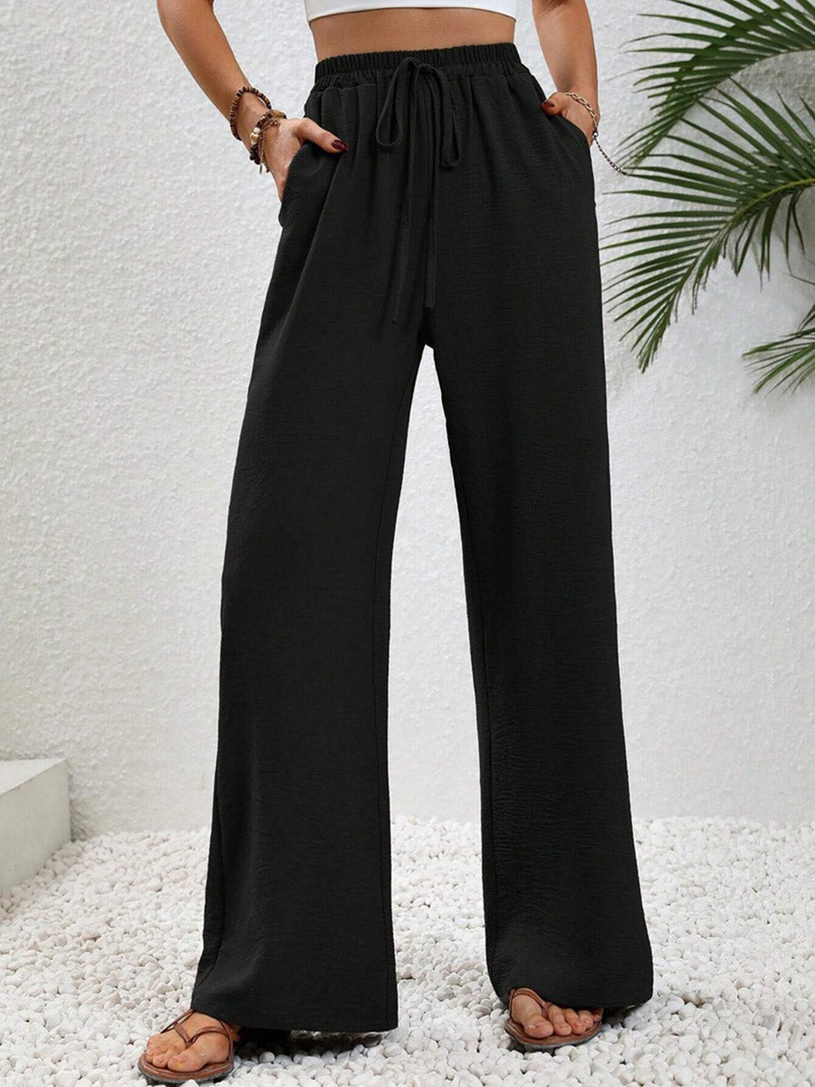 High Waisted Loose Elasticity Pleated Solid Color Tied Waist Pants Trousers