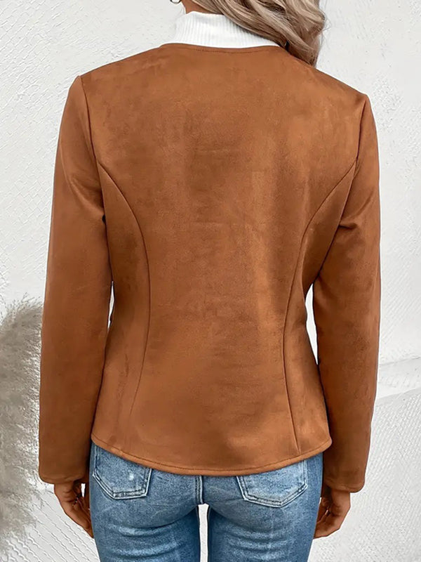 Vestes à manches longues, poches amples, couleur unie, fermeture éclair fendue, col rond, vêtements d'extérieur 