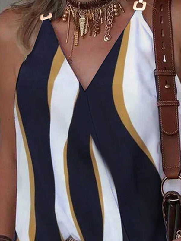 Débardeur rayé sans manches à col en V et à empiècements fendus 