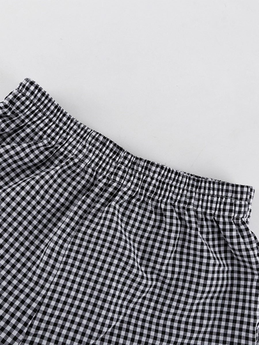 Loose  Contrast Color Plaid Ruffled Split-Joint  Long Sleeves Buttoned Lapel Blouses&Shirts Tops + Pants Two Pieces Set