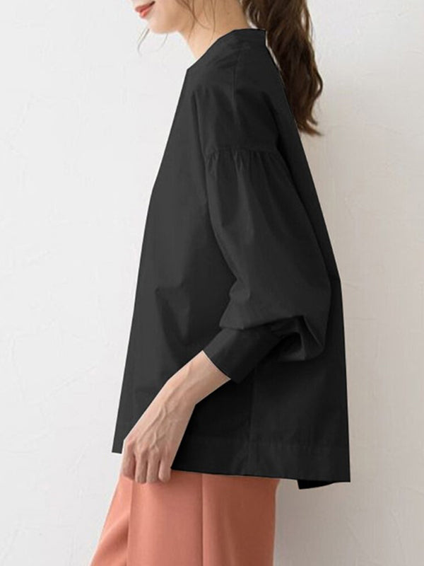 Long Sleeves Loose Solid Color Split-Joint V-Neck Blouses&Shirts Tops