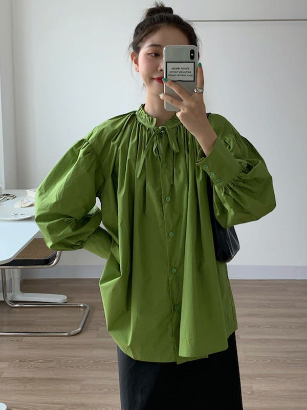 Urban Loose Puffärmel Agaric Laces Falbala Einfarbige Blusen 