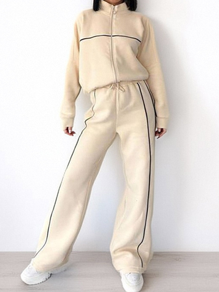 Contrast Color Line Split-Joint Zipper Lapel Outerwear + Elasticated Waist High Waisted Drawstring Pants Two Pieces Set